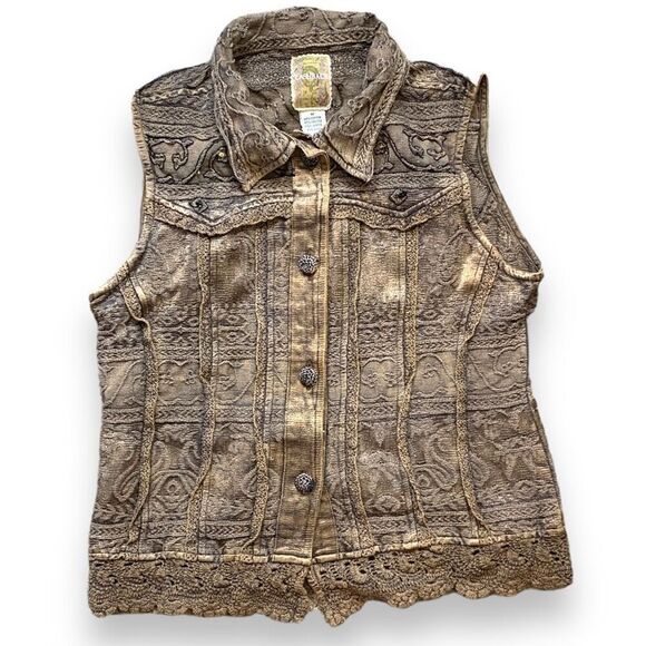 Vintage Flashback Vest Metallic Brown Floral Detail Lace Embroidered High Neck - Picture 12 of 12